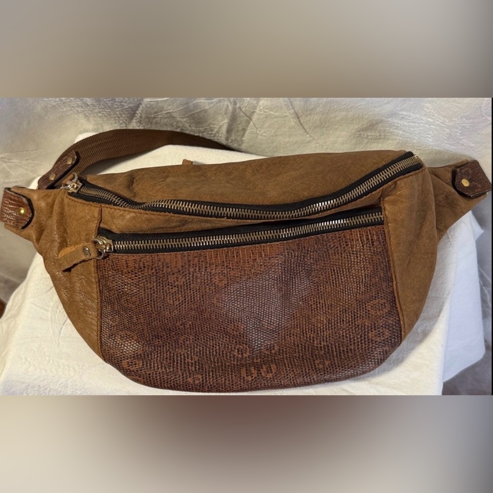Brown Suede and Fabric Crossbody Fanny Pack Bag - Picture 4 of 5